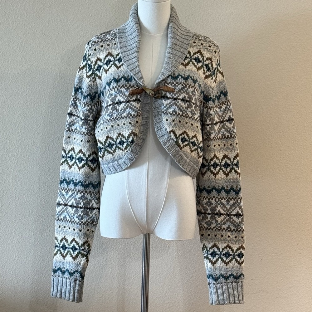 Y2K GAP Fair Isle Cropped Bolero Cardigan XL Lambswool Nordic Toggle Sweater